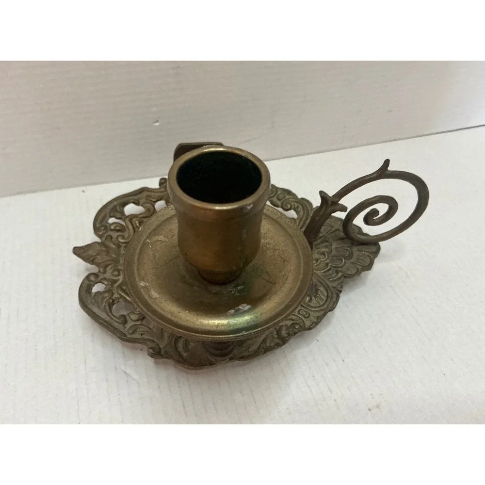 Vintage Brass Chamberstick Candle Holder Ornate Scroll Filigree Gold